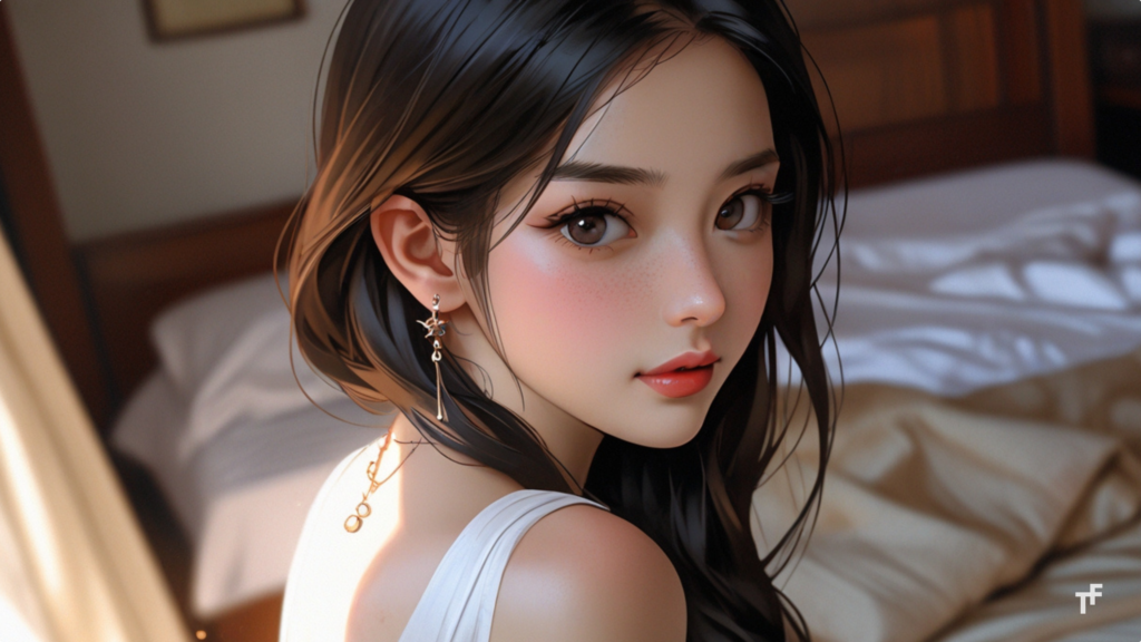 室内のやわらかな光の中で振り返る日本人女性のポートレート