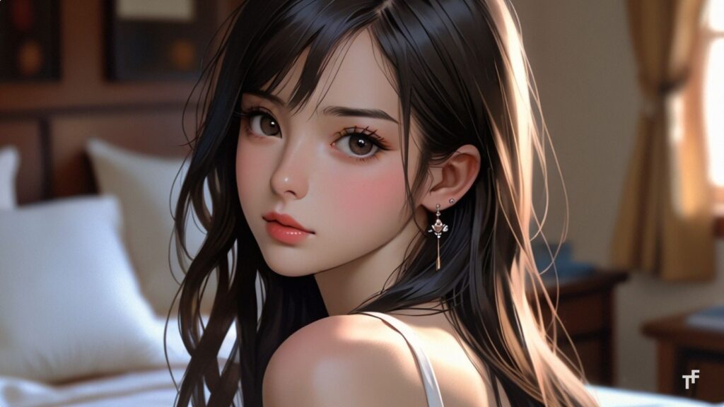 白いキャミソールドレスを着た若い日本人女性のポートレートイラスト